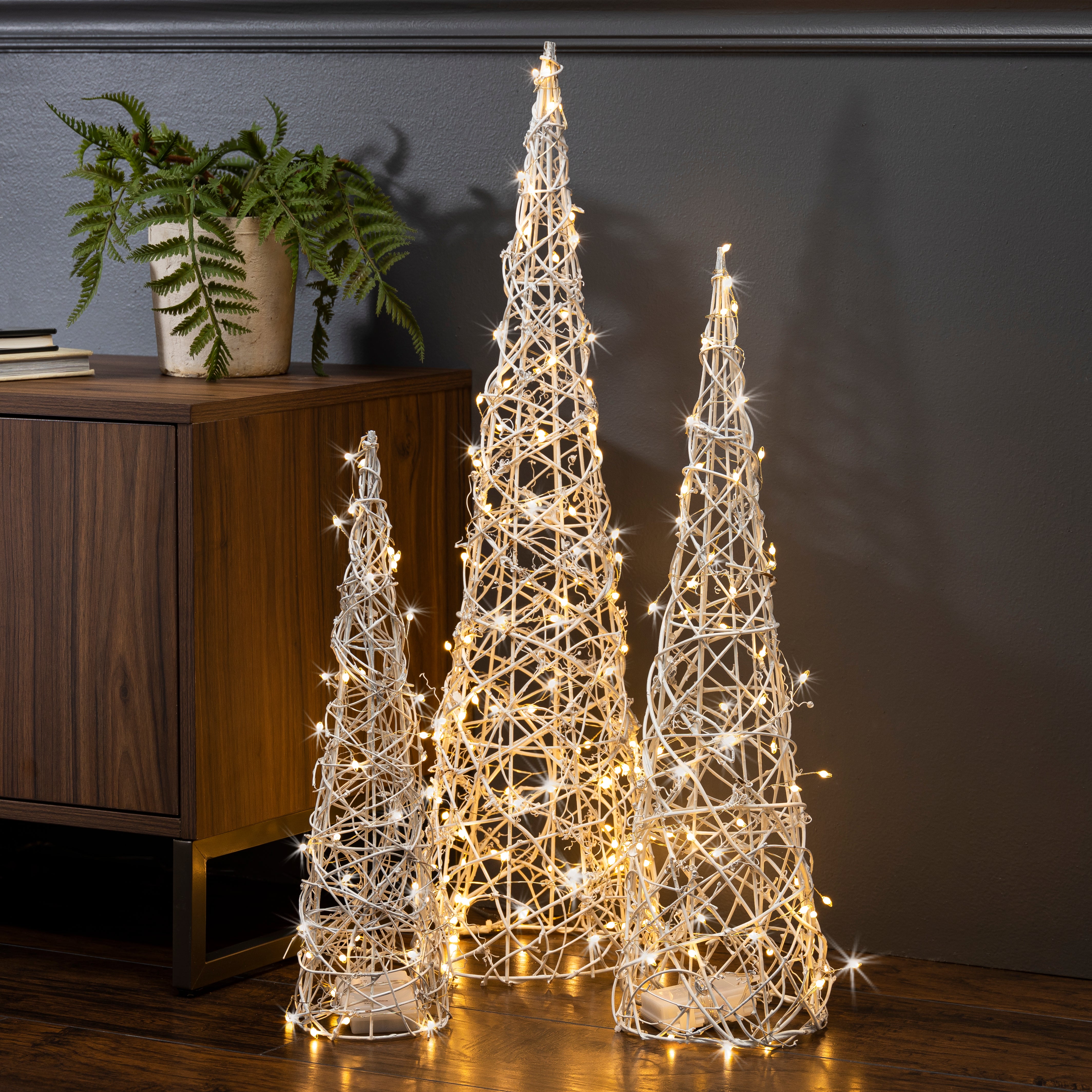 Set of 3 White Modern Vine Trees, Battery Operated Pre Lit LED
